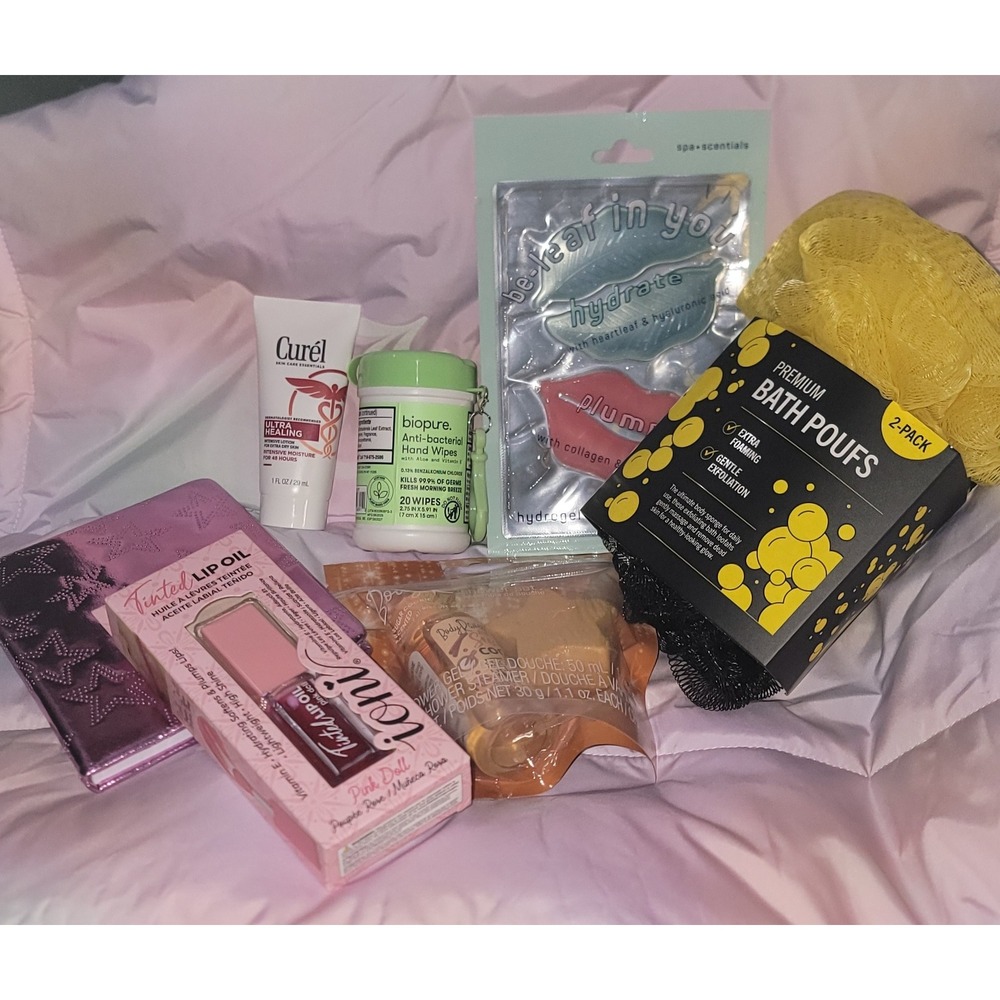 Self Care Bundle Ioni‎ Lip Oil Curel Lotion Bath Poufs Eye Masks Notebook Set